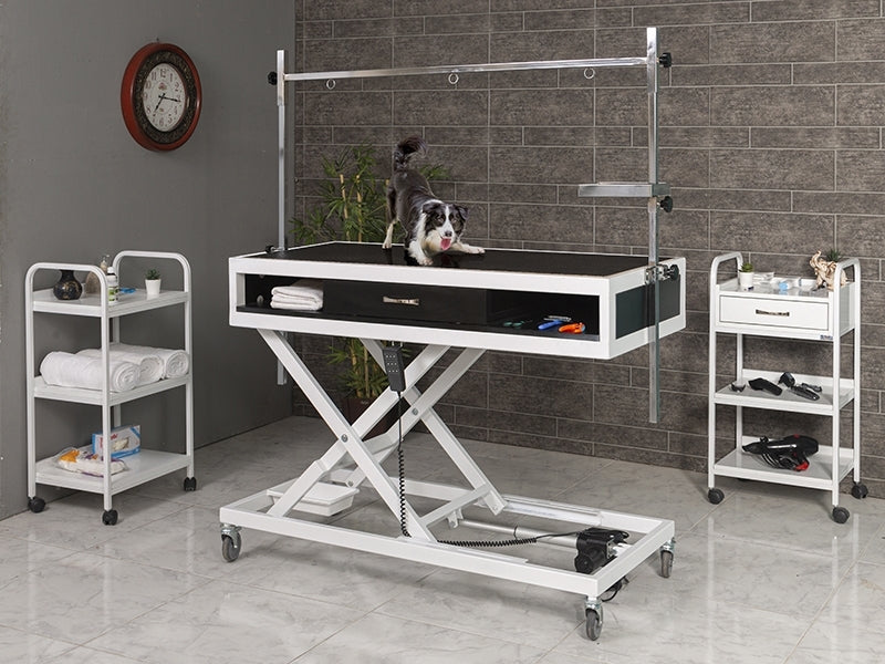 Veteriner Tımar Masası, Veteriner Çekmeceli Motorlu Pet Bakım Masası, Tekerlekli Pet Kuaför Masası