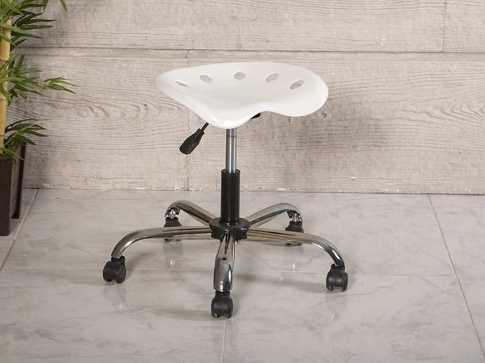 Amortisörlü Çalışma Taburesi | Plastik Oturaklı - Beyaz - Kromajlı Ayak